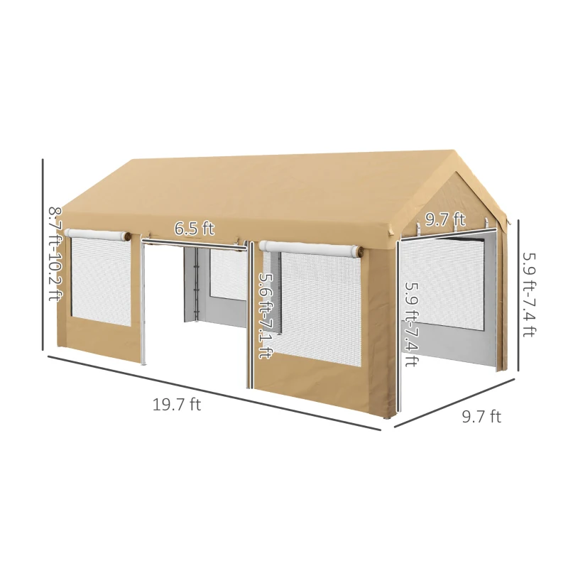 Outsunny 10' x 20' Carport, Heavy Duty Portable Garage, Height Adjustable, with 4 Mesh Windows and 4 Doors, Beige