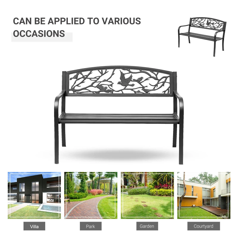 Outsunny 50" Garden Bench Outdoor Loveseat with Vintage Bird Pattern Cast Metal - Black