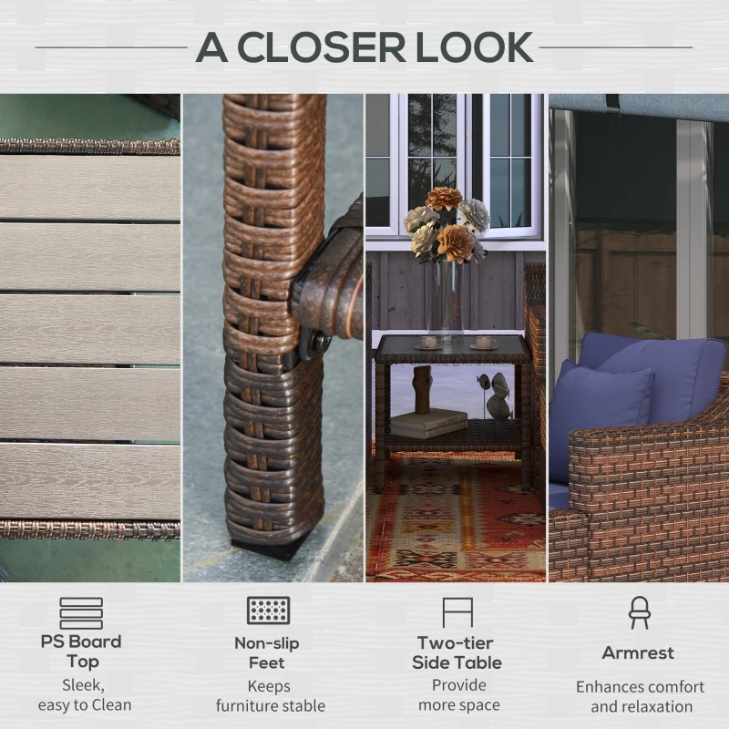 Outsunny 5pc Patio Furniture Set, All Weather PE Rattan Conversation Chair and Ottoman Set w/ Table, Cushion Pillows, Blue