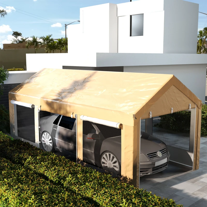 Outsunny 10' x 20' Carport, Heavy Duty Portable Garage, Height Adjustable, with 4 Mesh Windows and 4 Doors, Beige