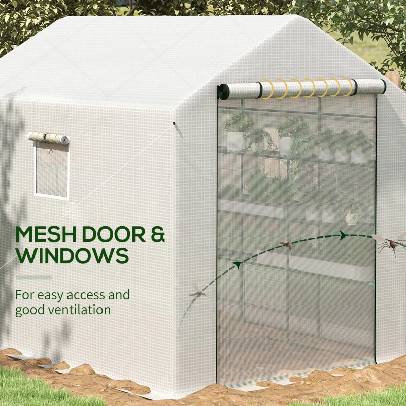 Outsunny 8' x 6' x 7' Portable Walk in Greenhouse with Mesh, Door, Windows, 18 Shelf, Trellis, Plant Labels, White