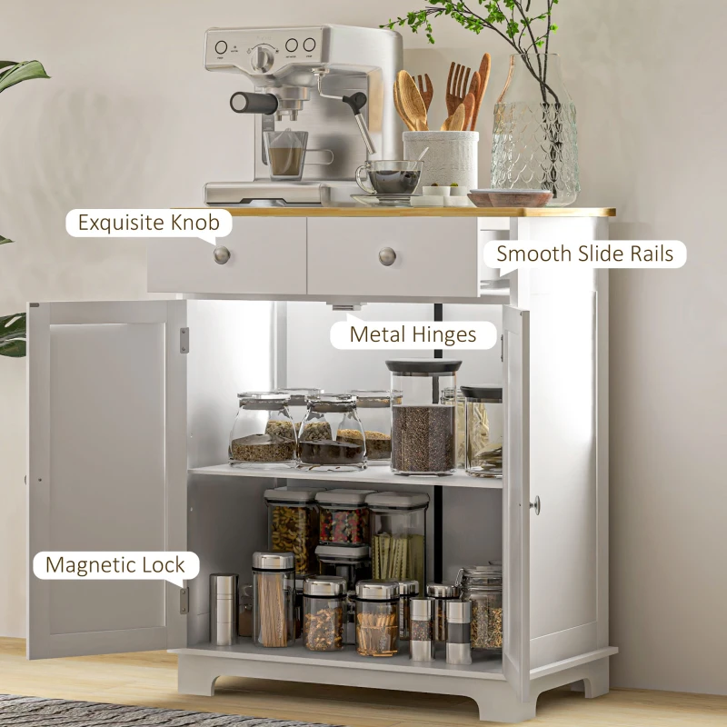 HOMCOM Kitchen Storage Cabinet, Sideboard Floor Cupboard with Solid Wood Top, Adjustable Shelf, and 2 Drawers, Distressed White