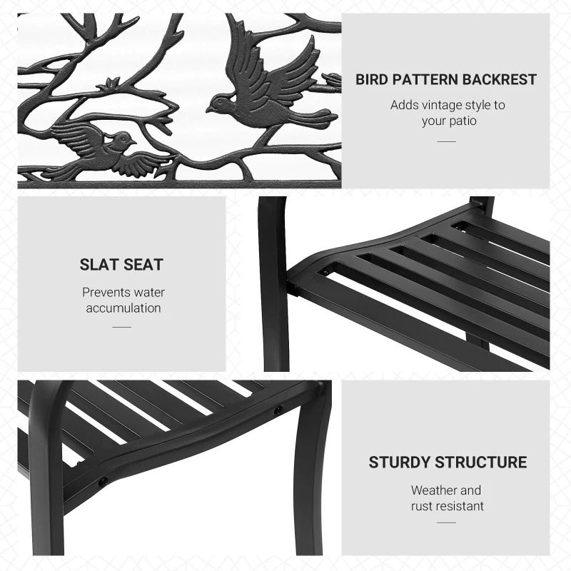 Outsunny 50" Garden Bench Outdoor Loveseat with Vintage Bird Pattern Cast Metal - Black