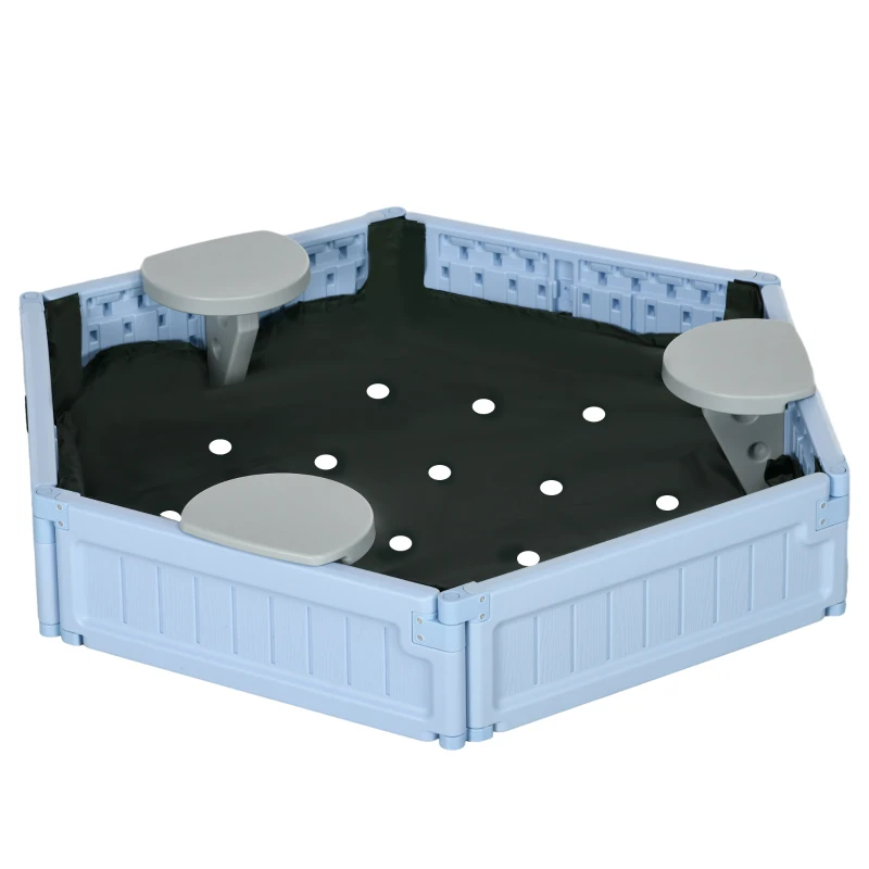 Outsunny Kids Sandbox with Cover, 3 Seats, Bottom Liner, for 3-12 Years Old, Light Blue