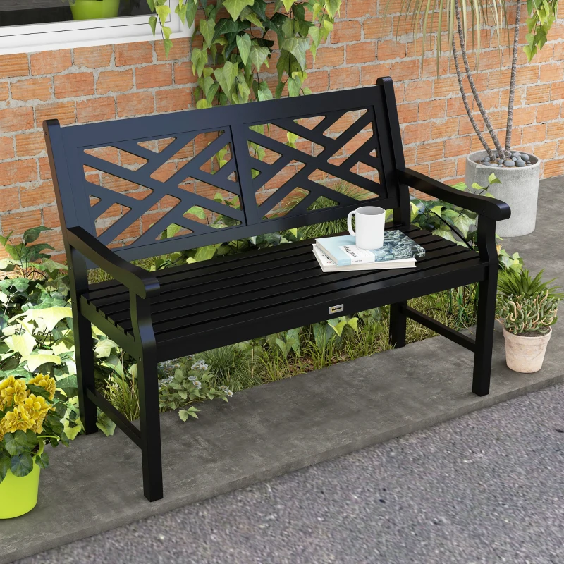 Outsunny Outdoor Garden Bench, Wooden Frame Patio Bench with Geometric Pattern, 43.25 Inch Weatherproof 2-Person Love Seat for Garden, Lawn, Porch, Yard, Work Entryway, Black