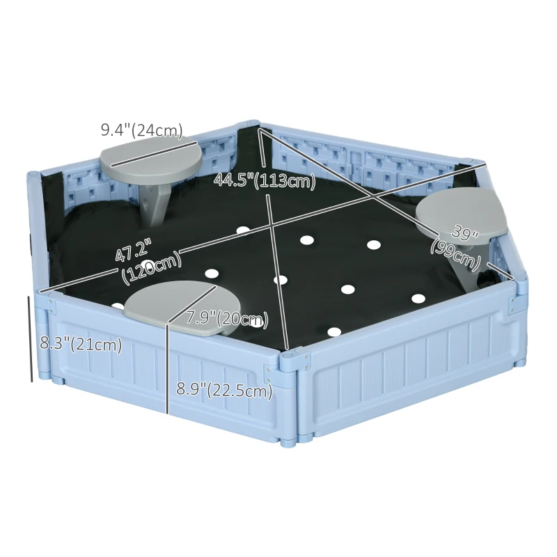 Outsunny Kids Sandbox with Cover, 3 Seats, Bottom Liner, for 3-12 Years Old, Light Blue