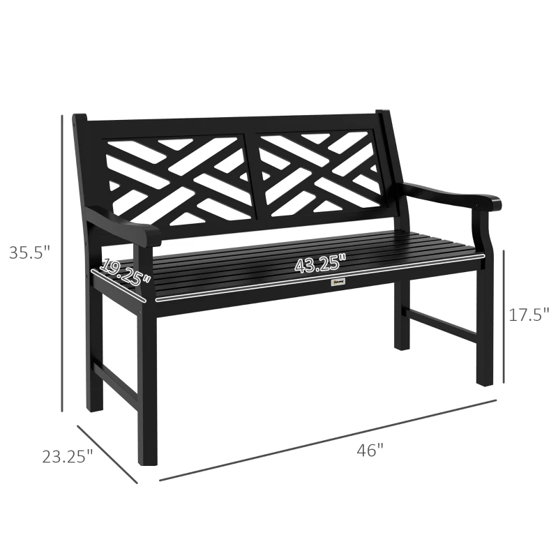 Outsunny Outdoor Garden Bench, Wooden Frame Patio Bench with Geometric Pattern, 43.25 Inch Weatherproof 2-Person Love Seat for Garden, Lawn, Porch, Yard, Work Entryway, Black