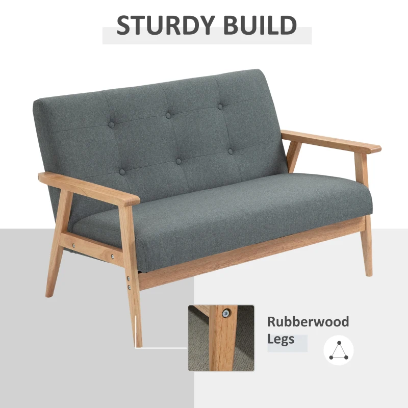 HOMCOM 45" 2 Seat Sofa, Upholstered Two Seater Couch with Rubber Wood Legs for Bedroom, Living Room, Dark Grey