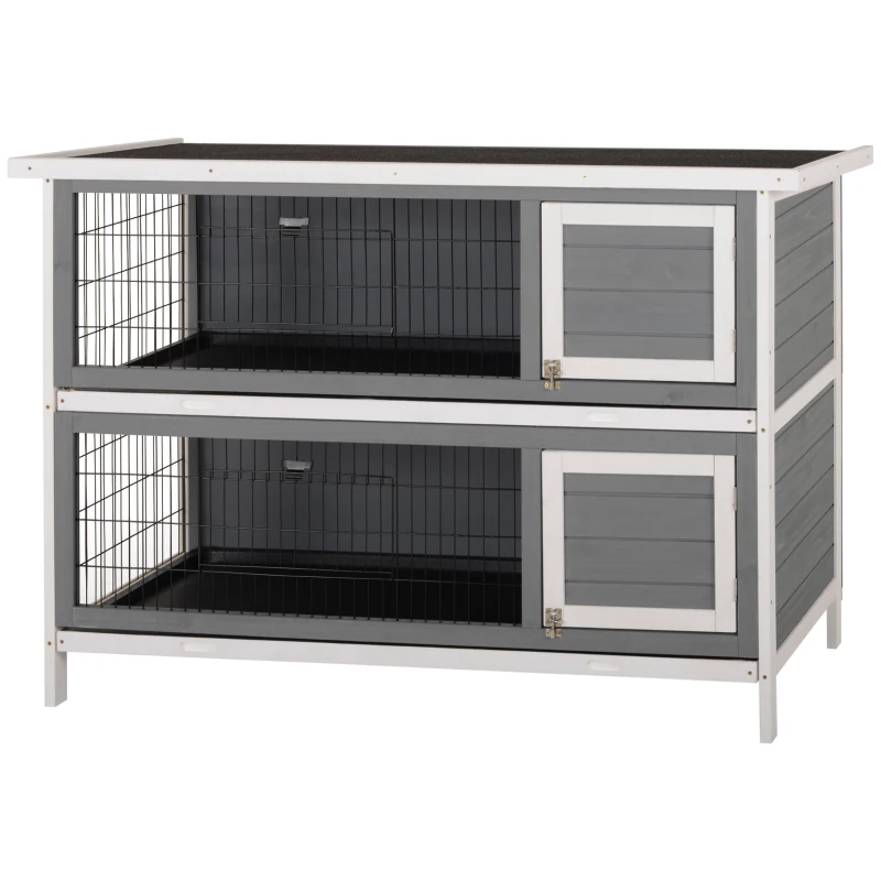 PawHut 2 Tier Wooden Rabbit Hutch Bunny Pet House Wooden Coop Run, Grey