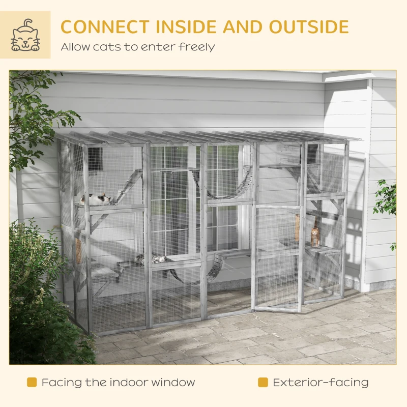 PawHut Large Outdoor Catio with Condos, Platforms, Doors, Ladders, Weather-Resistant Roof, Grey