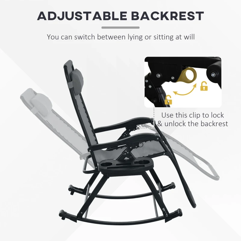 Outsunny 2 Outdoor Rocking Chairs Foldable Reclining Zero Gravity Lounge Rockers w/ Pillow Cup & Phone Holder, Gray