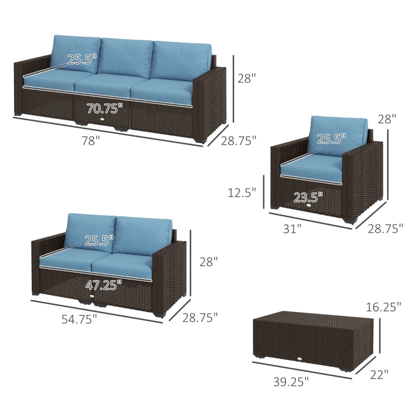 Outsunny Patio Furniture Set, Cushions, Sofa, Loveseat, Storage Table, Blue