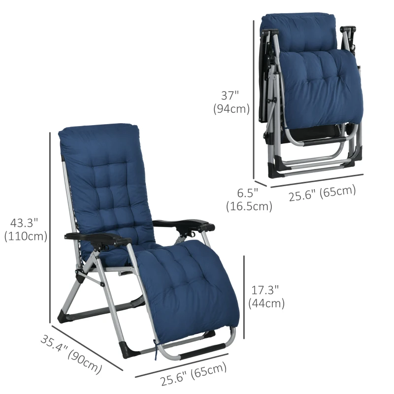 Outsunny Folding Garden Chairs Set of 2, Reclining Zero Gravity Chair, Sun Lounger with Cushion and Headrest, Dark Blue