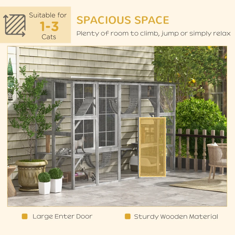 PawHut Large Outdoor Catio with Condos, Platforms, Doors, Ladders, Weather-Resistant Roof, Grey