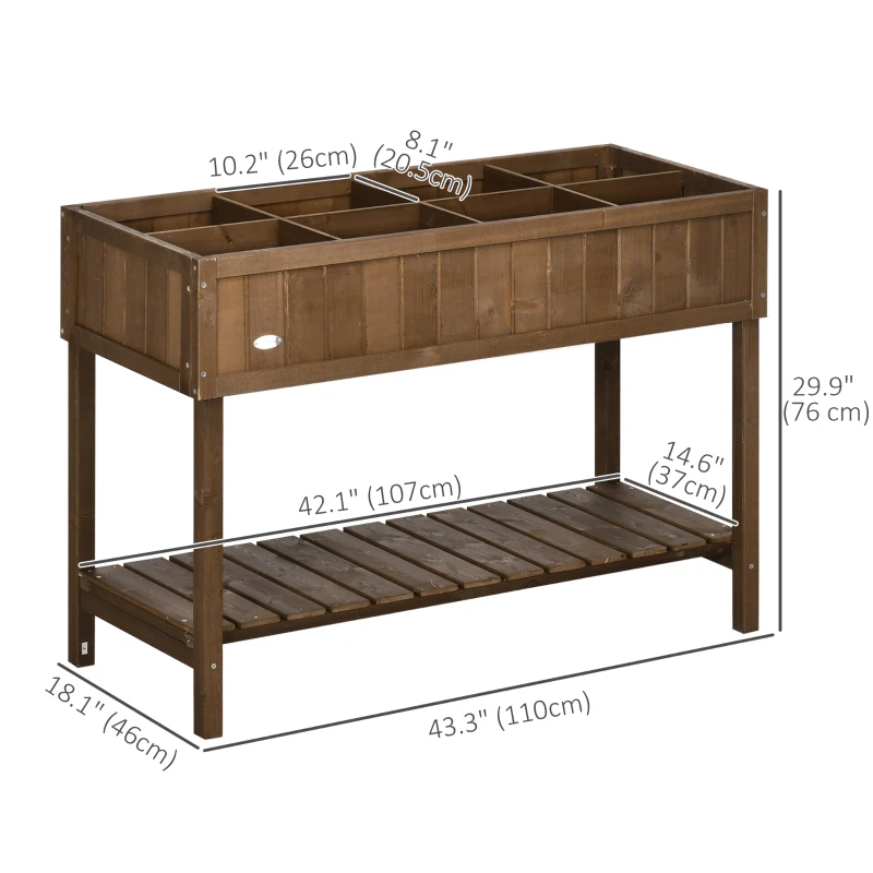 Outsunny 43.25" x 18" x 30" Raised Garden Bed, Wooden Plant Stand with 8 Grid Box, Storage Shelf for Outdoor, Dark Brown