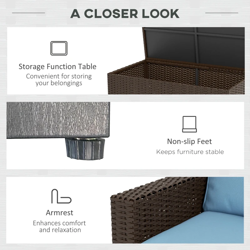 Outsunny Patio Furniture Set, Cushions, Sofa, Loveseat, Storage Table, Blue