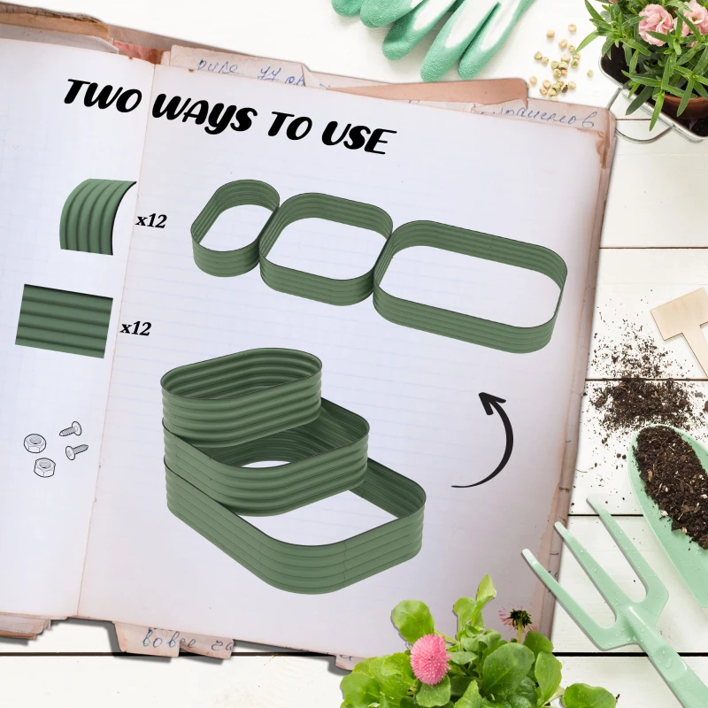 Outsunny 3-Tier Galvanized Steel Raised Garden Bed Kit - 62.25" x 43" x 32.25", with Rubber Strip Edging, Open Bottom, Ideal for Vegetables, Flowers, Green