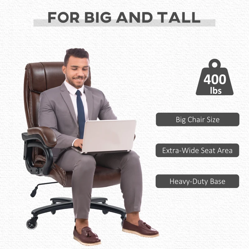 Vinsetto Big and Tall Office Chair, 400 lbs, Executive Comfy Computer Chair with PU Leather, Swivel Wheels, Brown