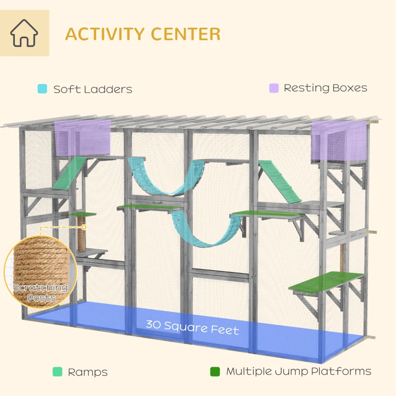PawHut Large Outdoor Catio with Condos, Platforms, Doors, Ladders, Weather-Resistant Roof, Grey
