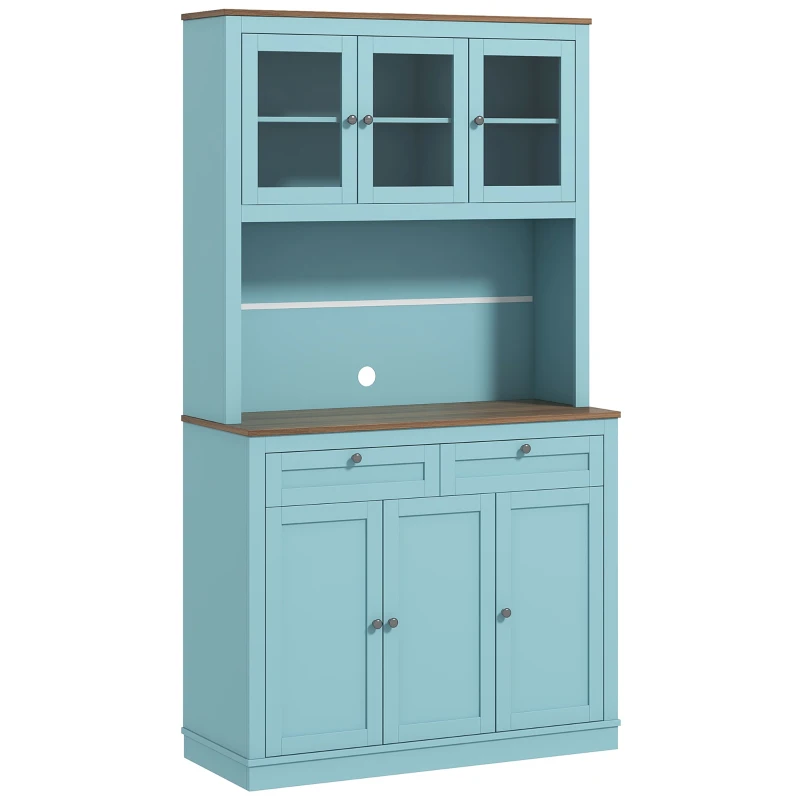 HOMCOM 71" Pantry Cabinet with Microwave Space, Buffet with Hutch, 2 Drawers, Adjustable Shelves and Glass Doors, Blue