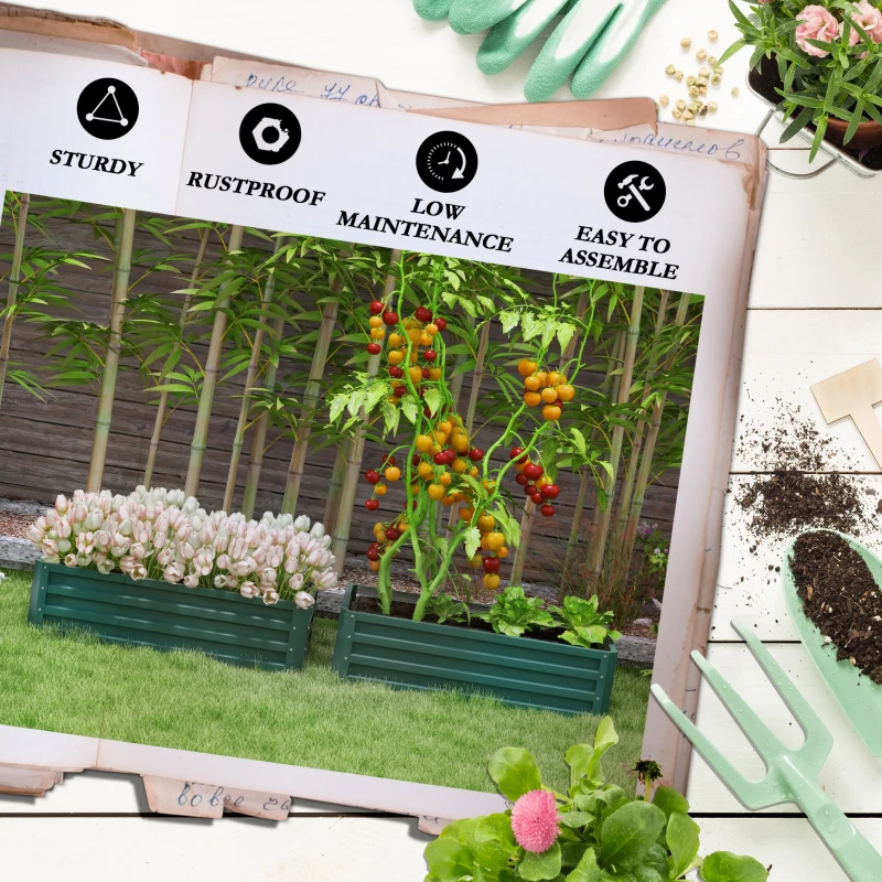 Outsunny Galvanized Raised Garden Beds, Outdoor Planter Box, Set of 2, for Flowers, Herbs and Vegetables, Green