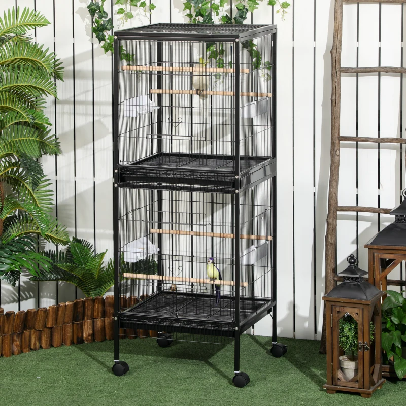 PawHut 55" 2 In 1 Bird Cage Aviary Parakeet House for finches, budgies with Wheels, Black