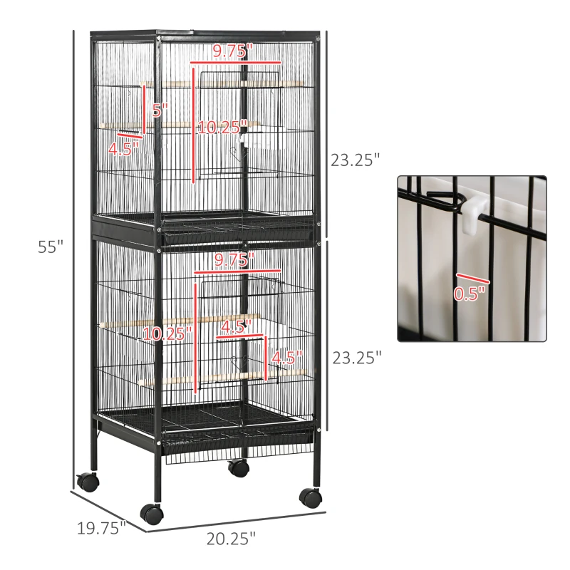PawHut 55" 2 In 1 Bird Cage Aviary Parakeet House for finches, budgies with Wheels, Black