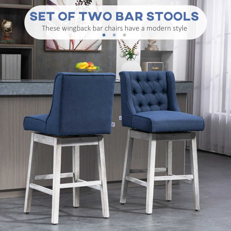 HOMCOM Swivel Bar Stools Set of 2, 30" Bar Height Stools with Linen Upholstery and Button Tufted Design for Kitchen