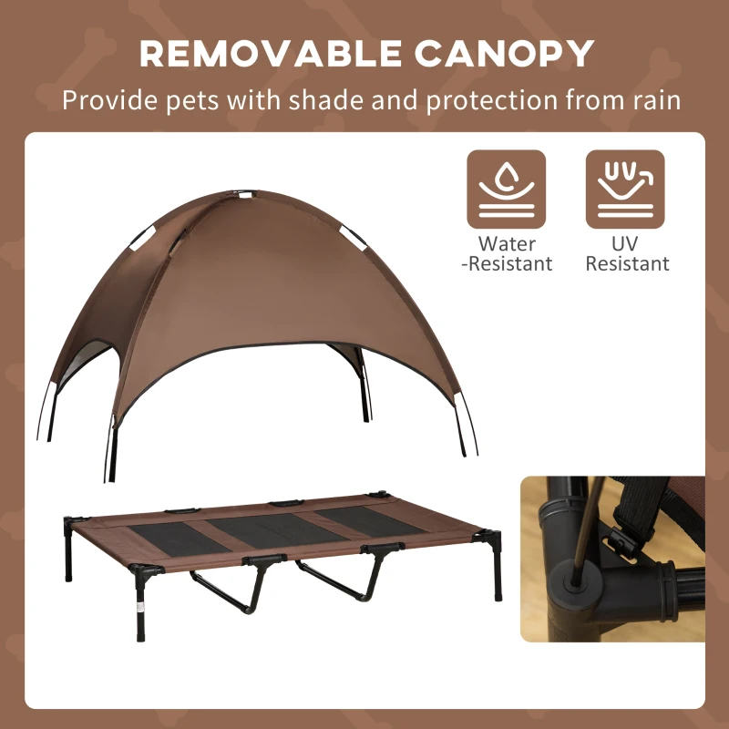 PawHut Portable Elevated Dog Bed with UV Protection Canopy, Durable Pet Cot for Outdoor Use, Coffee