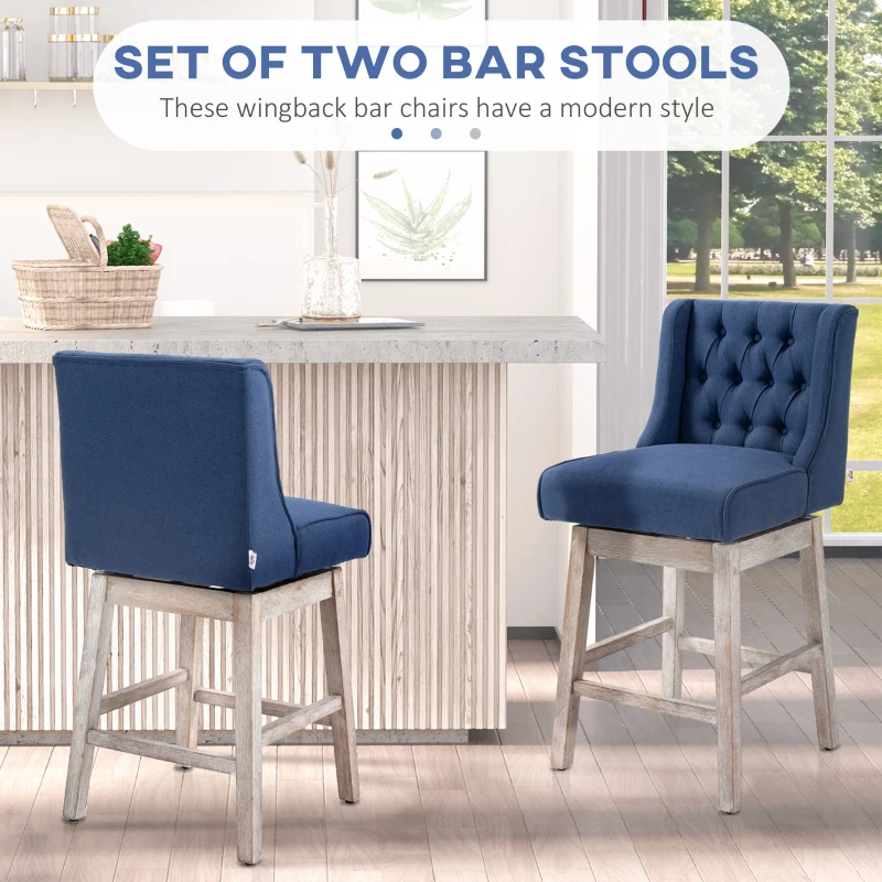 HOMCOM Swivel Bar Stools Set of 2, 27" Counter Height Stools with Linen Upholstery and Button Tufted Design for Kitchen