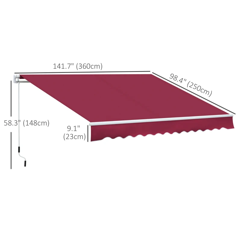 Outsunny 12' x 8' Retractable Patio Awning Sunshade Shelter with Manual Crank Handle UV & Water-Resistant for Deck Balcony Red
