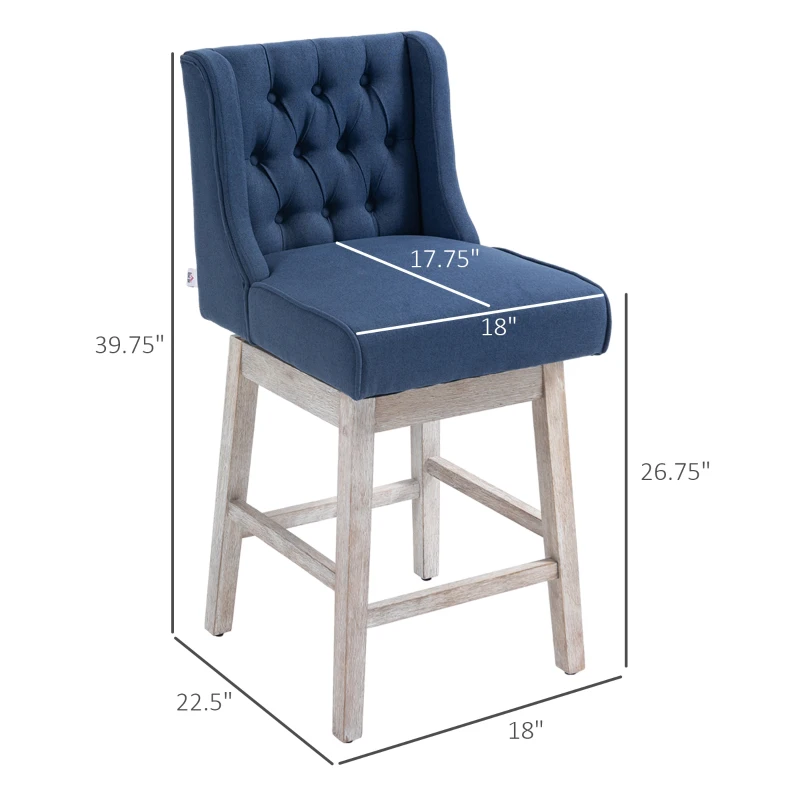 HOMCOM Swivel Bar Stools Set of 2, 27" Counter Height Stools with Linen Upholstery and Button Tufted Design for Kitchen