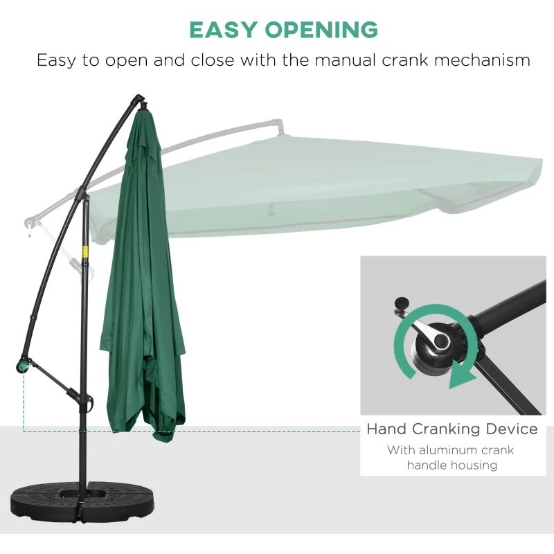 Outsunny Offset Patio Umbrella with Net and Umbrella Base, Adjustable Cantilever Canopy with Cross Base, Weight Plates and 8 Ribs for Backyard, Poolside, Garden, Green