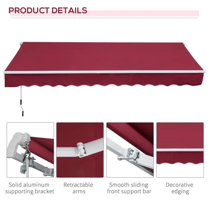 Outsunny 12' x 8' Retractable Patio Awning Sunshade Shelter with Manual Crank Handle UV & Water-Resistant for Deck Balcony Red