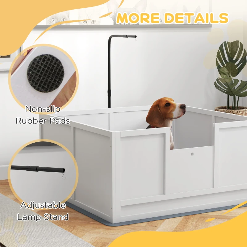 PawHut Dog Whelping Box with Waterproof Mat, Retractable Light Stand, Pig Rail, Adjustable Door, 41" x 39"