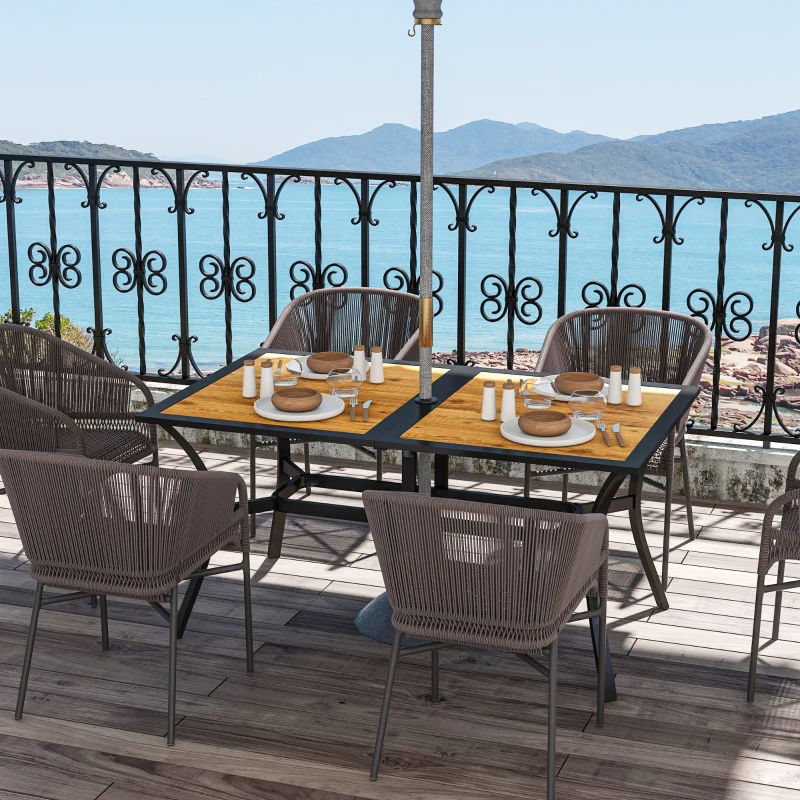 Outsunny Rectangular Patio Table with Umbrella Hole, Faux Wood Rectangle Outdoor Dining Table for 6 People for Garden, Brown