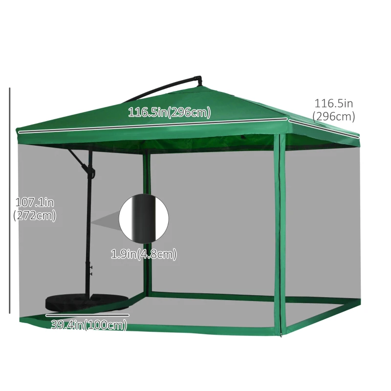Outsunny Offset Patio Umbrella with Net and Umbrella Base, Adjustable Cantilever Canopy with Cross Base, Weight Plates and 8 Ribs for Backyard, Poolside, Garden, Green