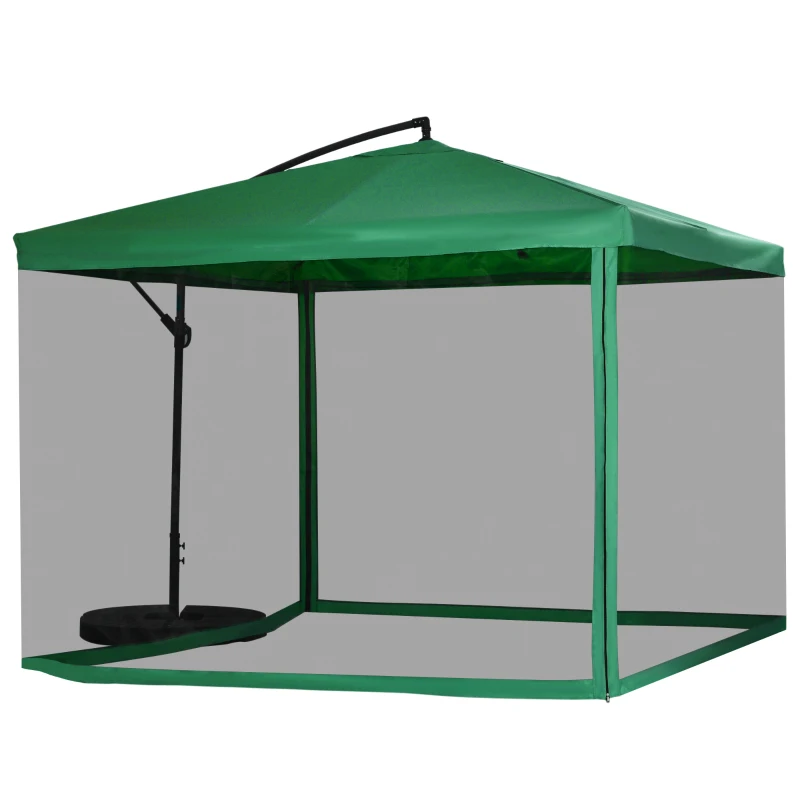 Outsunny Offset Patio Umbrella with Net and Umbrella Base, Adjustable Cantilever Canopy with Cross Base, Weight Plates and 8 Ribs for Backyard, Poolside, Garden, Green