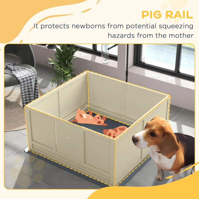 PawHut Dog Whelping Box with Waterproof Mat, Retractable Light Stand, Pig Rail, Adjustable Door, 41" x 39"