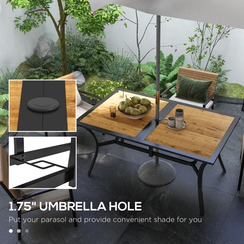 Outsunny Rectangular Patio Table with Umbrella Hole, Faux Wood Rectangle Outdoor Dining Table for 6 People for Garden, Brown