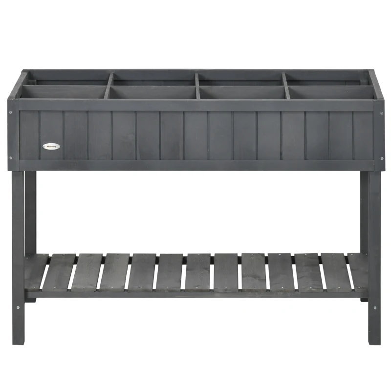 Outsunny 43.25" x 18" x 30" Raised Garden Bed, Wooden Plant Stand with 8 Grid Box, Storage Shelf for Outdoor, Dark Grey
