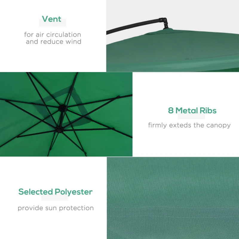 Outsunny Offset Patio Umbrella with Net and Umbrella Base, Adjustable Cantilever Canopy with Cross Base, Weight Plates and 8 Ribs for Backyard, Poolside, Garden, Green