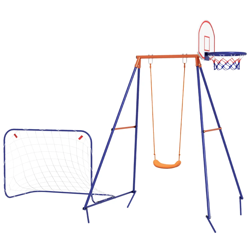 Outsunny Kids Swing Outdoor with Swing Seat, Basketball Hoop and Football Goal, Ground Stakes for 3-8 Years Old