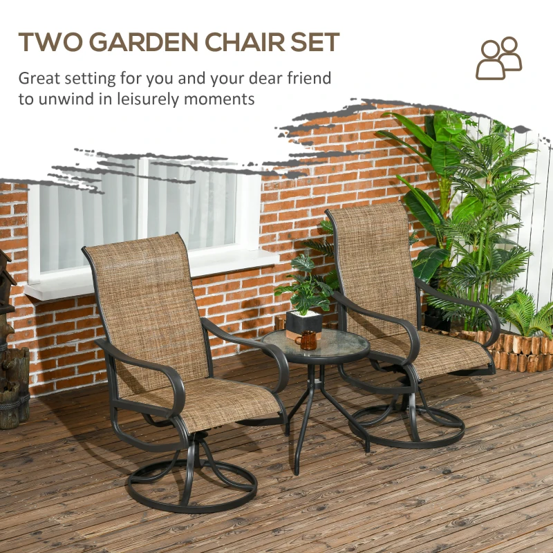 Outsunny 2-Piece Swivel Patio Dining Chairs, 360° Swivel Rocking Outdoor Chairs with Curved Armrests, Breathable Mesh Seat & S Shape Backrest for Yard, Lawn, Porch, Brown