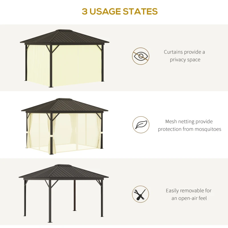 Outsunny 11.9" x 9.8" Hardtop Gazebo with Curtains Netting, Metal Roof Gazebo Canopy with Aluminum Frame and Top Hook, Cream