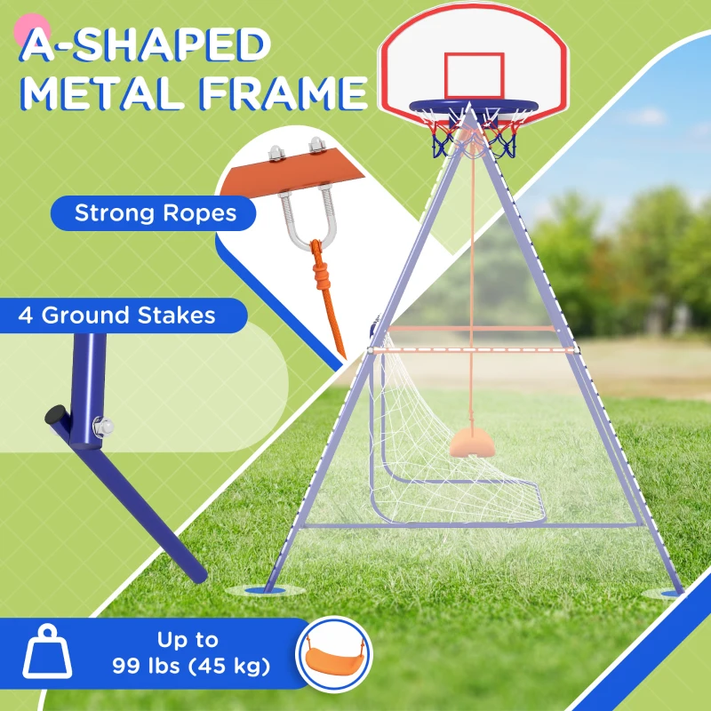 Outsunny Kids Swing Outdoor with Swing Seat, Basketball Hoop and Football Goal, Ground Stakes for 3-8 Years Old