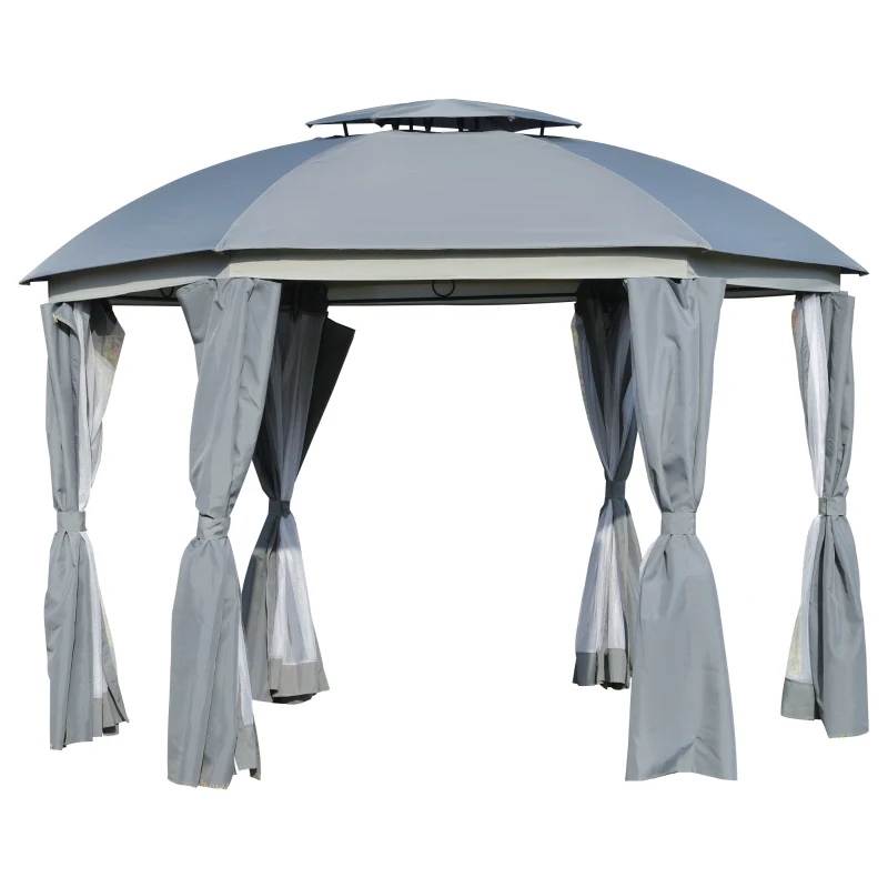 Outsunny 12' x 12' Outdoor Gazebo Canopy, Dome Patio Gazebo Netting Sidewalls and Curtains, Double Vented Roof, Dark Grey