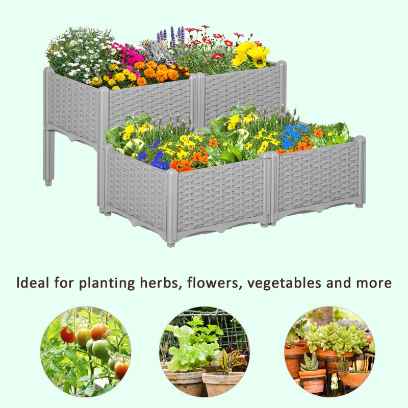 Outsunny 4-Piece Raised Garden Bed with Legs, Self-Watering Planter Box Raised Bed to Grow Flowers, Herbs & Vegetables, Gray