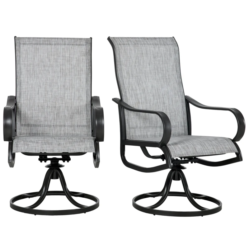 Outsunny 2-Piece Swivel Patio Dining Chairs, 360° Swivel Rocking Outdoor Chairs with Curved Armrests, Breathable Mesh Seat & S Shape Backrest for Yard, Lawn, Porch, Dark Grey