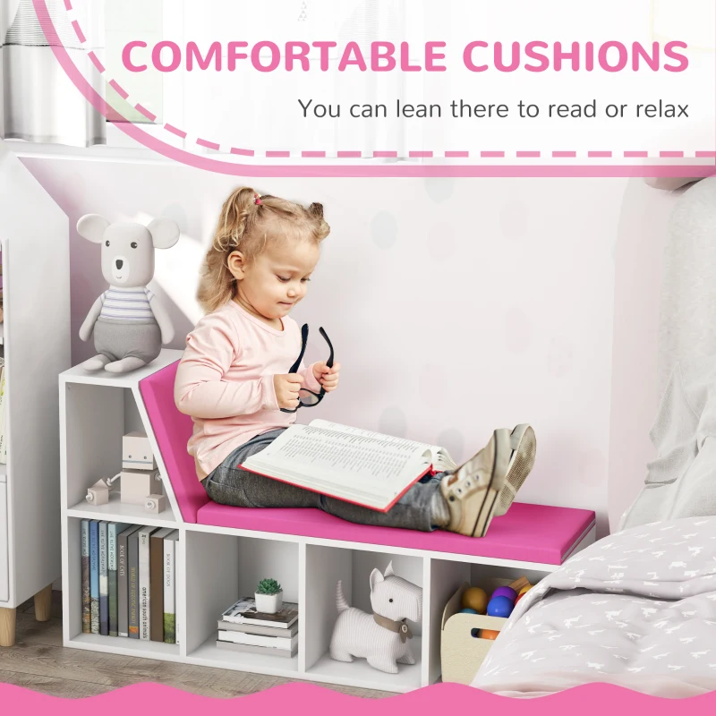 HOMCOM Multi-Purpose Bookshelf with 5 Cubes, 5-Cubby Bookcase with Cushioned Reading Nook and Storage Shelves, Pink